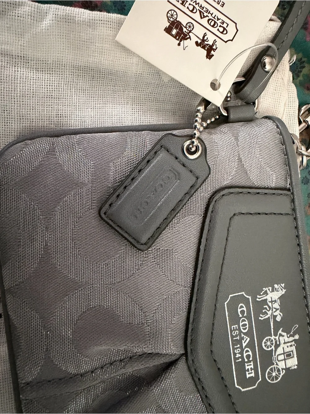 Coach Gray Signature Wristlet with Leather Trim new with tags and dustbag